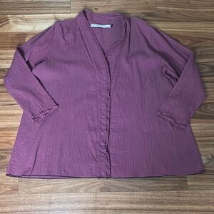 Cynthia Ashby mauve oversized crinkle cotton long sleeve shirt jacket hidden sna